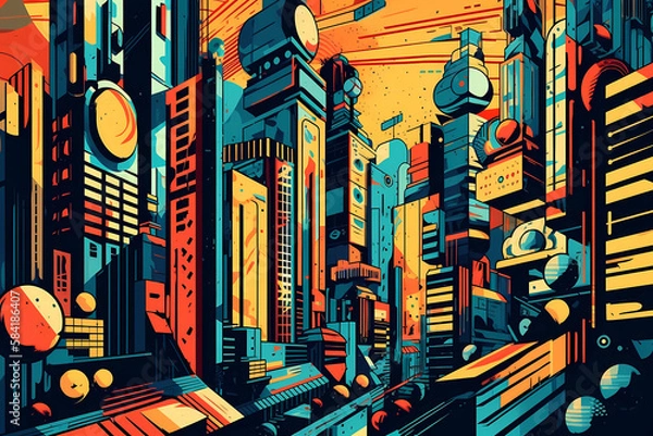 Obraz pop art of a futuristic city. digital art illustration. generative AI.