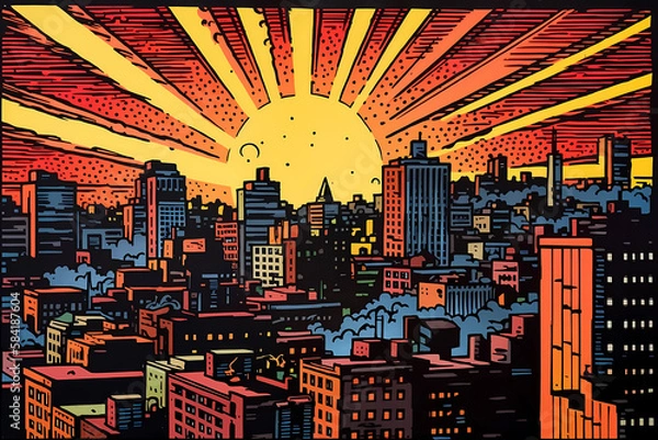 Obraz A painting of a city skyline at sunset comic book style. digital art illustration. generative AI.