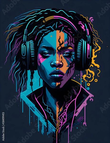 Obraz Colourful graffiti illustration of girl hearing music with headphone ,face only with vibrant color, hip hop - created with Generative AI