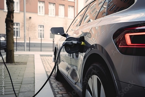 Fototapeta electric car, electro mobility, e-cars charging on a wallbox, charging process