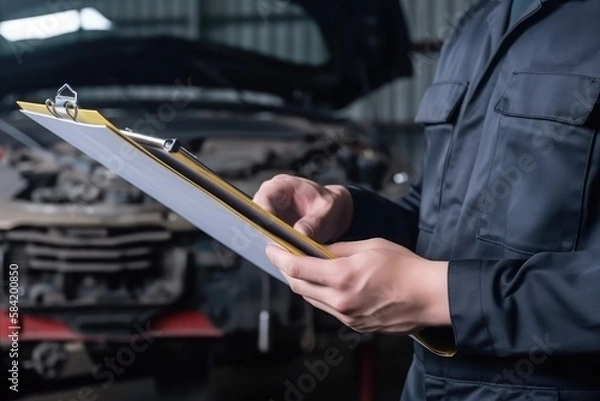 Fototapeta Close up Mechanic holding clipboard of service instructions working in repair service garage