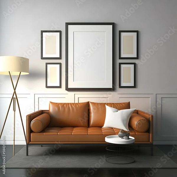 Fototapeta Stylish Frame Gallery Mockup in Living Room Interior with Modern Furniture, Leather Sofa, Multi Frame Mockup, Generative AI