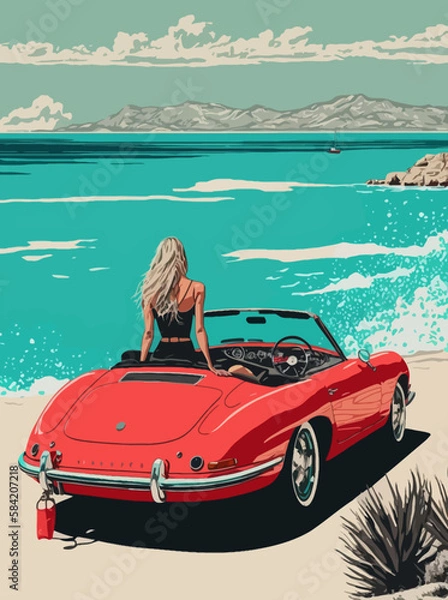 Fototapeta Summer concept. Girl on the way to summer holidays. Vector art. Generative AI technology.