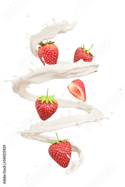 Obraz strawberry and milk drinks splash isolate on white background. 3D Rendering. PNG files.