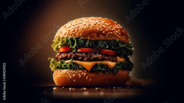 Fototapeta Delicious hamburger or Cheeseburger with lettuce, tomato, and melted gouda, juicy meat and sesame bun (Product Picture / Generative AI)