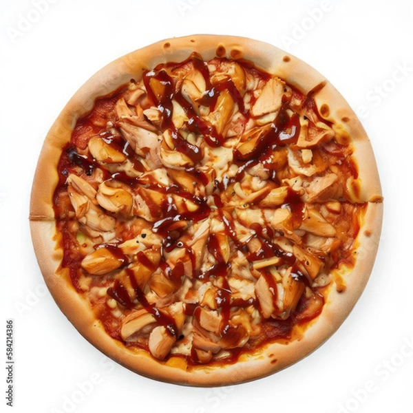Obraz Top view product shot of a large delicious chicken pizza with BBQ sauce on a white background. (Product Shot / Generative AI)