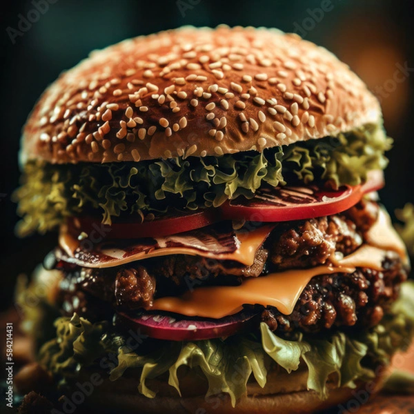 Obraz Bacon-Cheeseburger with Roasted Tomatoes and Juicy Beef (food photography / Generative AI)