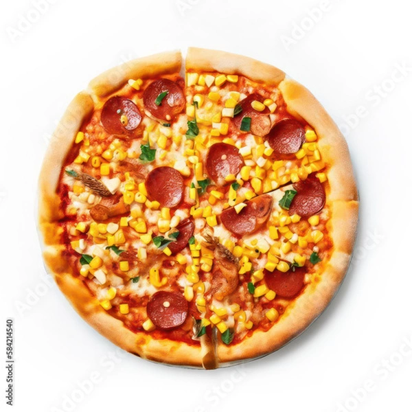Obraz Product shot of a salami pizza with corn, viewed from directly above and isolated on a white background. (Product Shot / Generative AI)