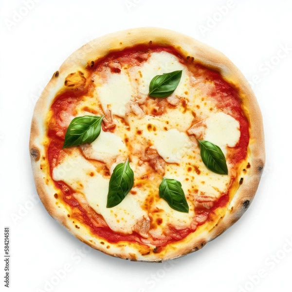 Fototapeta Top view product shot of a Margherita pizza with tomato sauce, mozzarella cheese, and basil leaves, with a fluffy crust, isolated on a white background. (Generative AI)