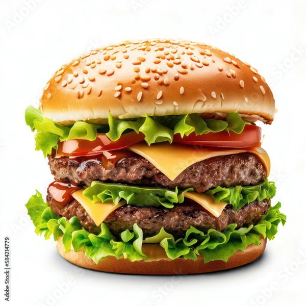 Fototapeta Product shot of a double cheeseburger with lettuce, tomato, and burger sauce, isolated on a white background for a Menu-Card (Generative AI)