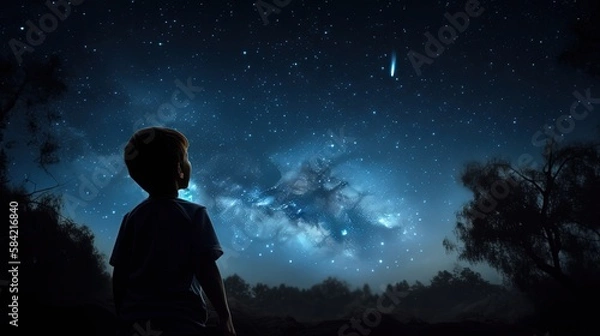 Fototapeta illustration of a boy looking at night starry sky with glitter glow galaxy flicker above, idea for prayer of hope, love, peace theme, Generative Ai