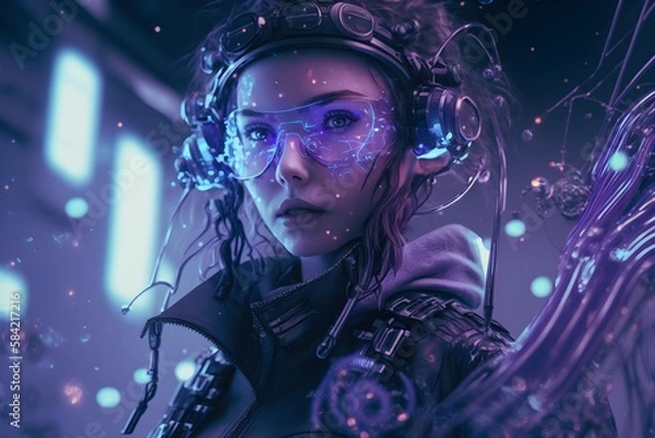 Fototapeta Purple blue metaverse and nft blockchain. Generative AI.