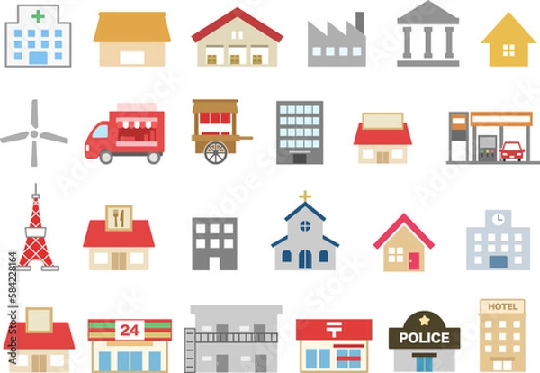Obraz いろいろな建物のカラフルなイラストアイコンセット