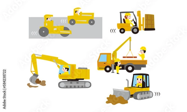 Fototapeta 工事で使用する建機、重機車輛たちのかわいいイラスト