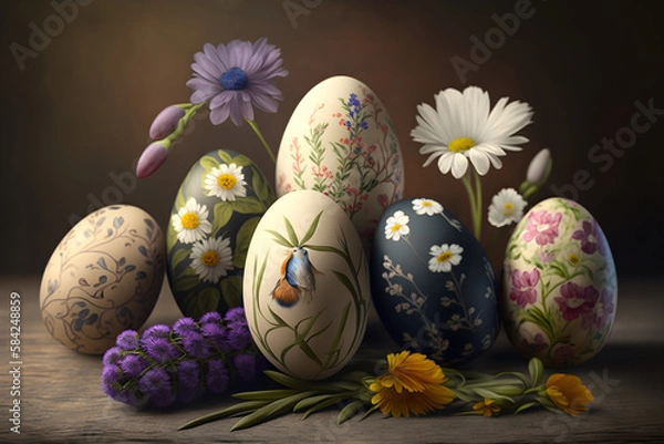 Fototapeta easter eggs and flowers