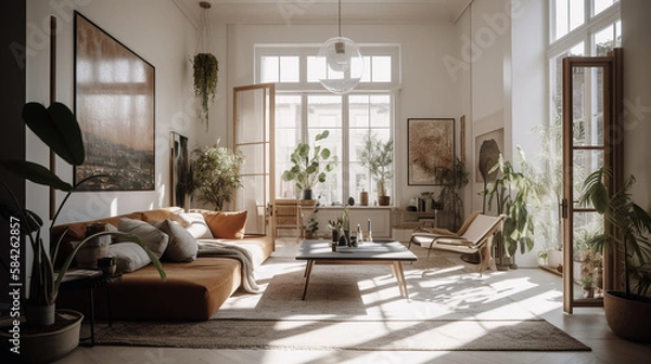 Fototapeta Japandi Style Interior Design, Bright and Light Living Room Photography with High Ceilings and Calming Natural Decor and Styling - Generative AI