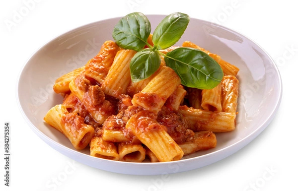 Obraz Macaroni rigatoni with tomato sauce and meat in white dish with basil leaves, isolated