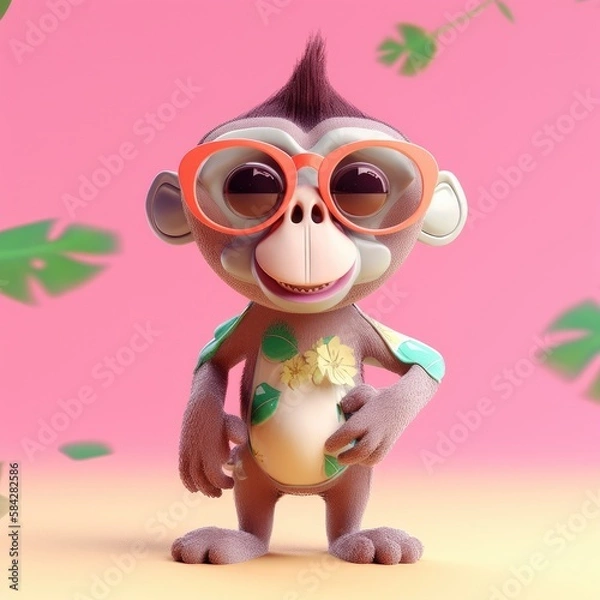 Fototapeta Funny monkey wearing sunglasses on a colorful background. Generative AI