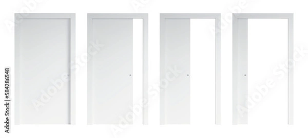 Obraz Set of four opening options of isolated white sliding doors. The door is closed, the door is 1/4 open, the door is 1/2 open, the door is 3/4 open. Front view. 3d render