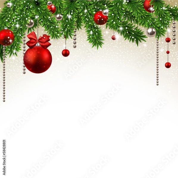 Fototapeta Christmas background with fir branches and balls.