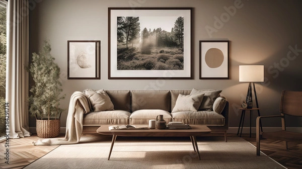 Fototapeta Bohemian Interior Design Style living room in pastel colors mock-up with frame for picture generative ai