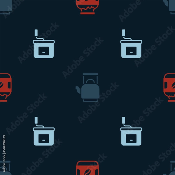 Fototapeta Set Coffee jar bottle, Kettle with handle and Manual coffee grinder on seamless pattern. Vector