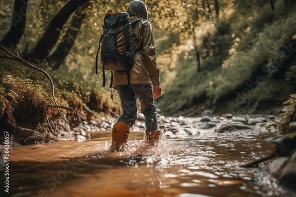 Fototapeta a person hiking outdoors in the river, generative ai