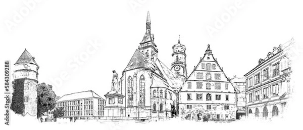 Obraz Schillerplatz is a square in the center of Stuttgart, Germany. It was created in its current form in honor of Friedrich Schiller, ink sketch illustration.