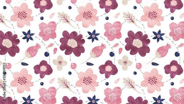 Fototapeta 花柄の水彩パターン背景 シックで落ち着いたカラーの植物イラスト