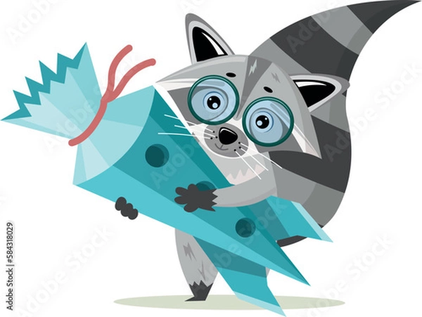 Obraz Back to school. Cartoon cute racoon goes to school with school cone. Vector illustration