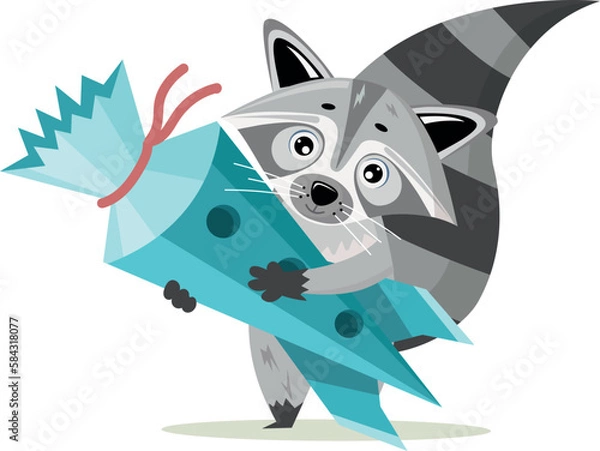 Obraz Back to school. Cartoon cute racoon goes to school with school cone. Vector illustration