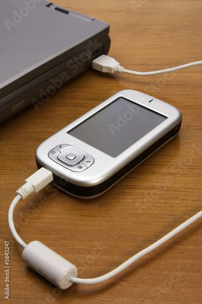 Obraz A PDA plugged into a laptop showing connectivity.