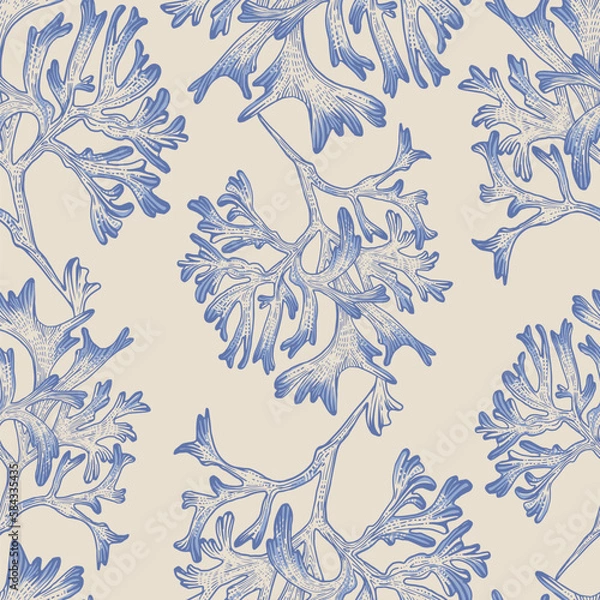 Fototapeta Sea corals on a beige background. Seamless pattern. Print for any surface. Linear drawing.