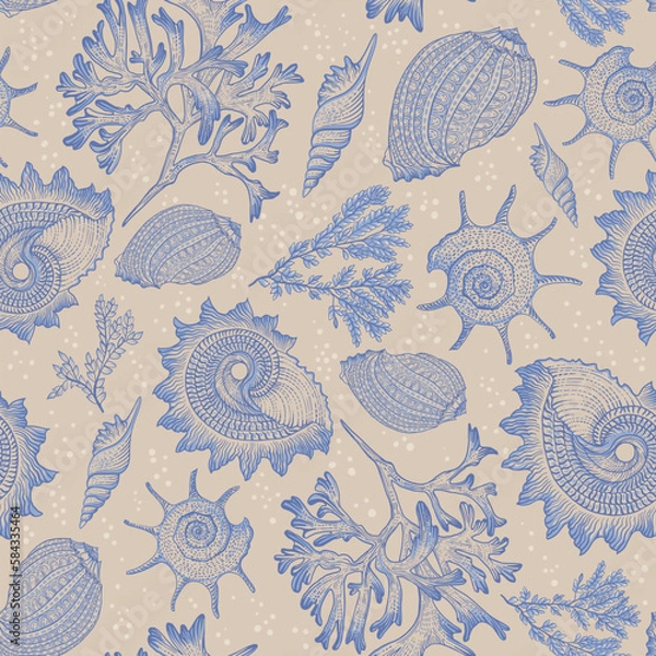 Fototapeta Different types of shells and corals. Seamless pattern. Sea style. Underwater life. Luxurious drawing.
