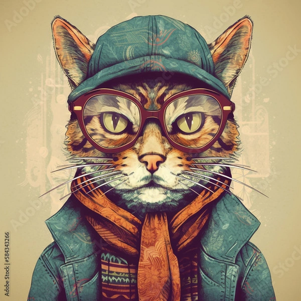 Fototapeta Cat in a Cool Outfit with Glasses - The Most Stylish Cat in Town