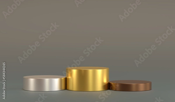 Obraz gold, silver, copper cylinder podiums, shiny geometric, round realistic pedestal, cosmetic showcase, template, copy space, advertising, product display, 3D Rendering, victory podiums