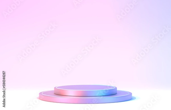 Obraz colorful podium on an isolated background, pink and blue light, round realistic pedestal, cosmetic showcase, template, copy space for presentation, advertising, product display, 3D Rendering