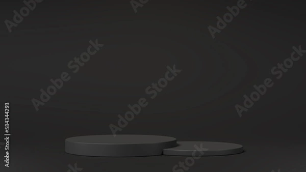 Obraz two black cylinder podiums on an isolated background, dark geometric, round realistic pedestal, cosmetic showcase, template, copy space, advertising, product display, 3D Rendering