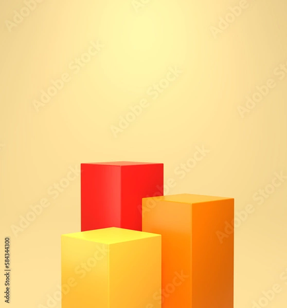 Obraz Three colorful cube podiums on an isolated background, yellow orange red geometric forms, round realistic pedestal, cosmetic showcase, template, copy space, advertising, product display, 3D Rendering