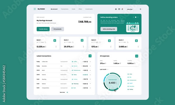 Fototapeta Digital Wallet Online Banking App UI Dashboard Design