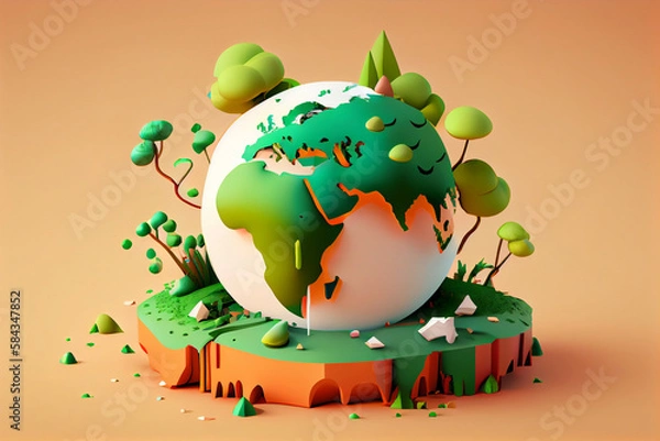 Fototapeta A green globe with trees on it. World environment and earth day concept