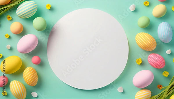 Obraz Top view, Easter greeting template, colorful holiday eggs, mockup, gift, space for text, AI generated