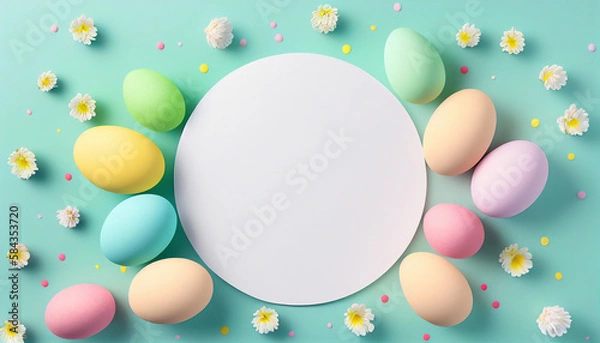 Obraz Top view, Easter greeting template, colorful holiday eggs and spring flowers, mockup, gift, space for text, AI generated