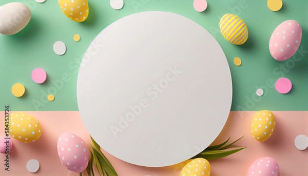 Obraz Top view, Easter greeting template, colorful holiday eggs, mockup, gift, space for text, AI generated