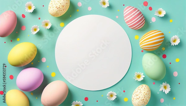Obraz Top view, Easter greeting template, colorful holiday eggs, spring flowers, AI generated 