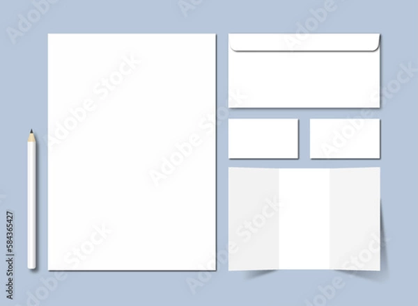 Fototapeta Corporate branding stationery mock-up design for A4 letter, visiting card, and envelope. 3D illustrating.