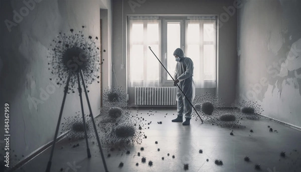 Obraz Dramatic scene of a scientist cleaning an old, dusty, empty room with sunlight streaming in through the window.