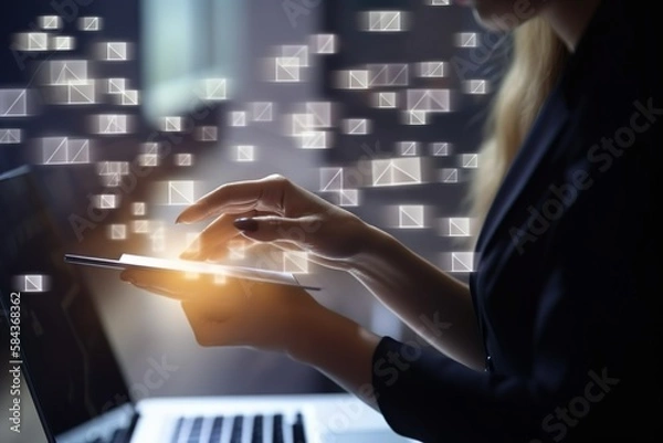 Obraz Cloud Computing - grenzenlose Anwendungen und Datenzugriff. Emails am Virtuellen Screen. (Generative AI)