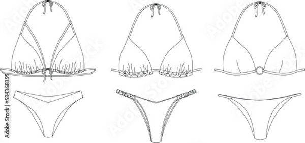 Obraz "Woman sustainable swimwear, technical drawing, template, sketch, flat, mock up. Recycled PA, Recycled PES, Lycra fabric swimwear front view, white color"	

