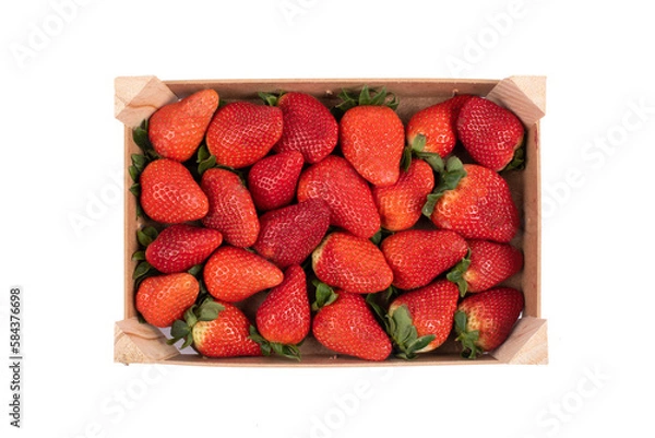 Fototapeta Strawberry harvest in a wooden crate. Red fruits. Top view, isolated, on transparent background. Precision cut and flawless finish make it easy to incorporate the image into your projects.